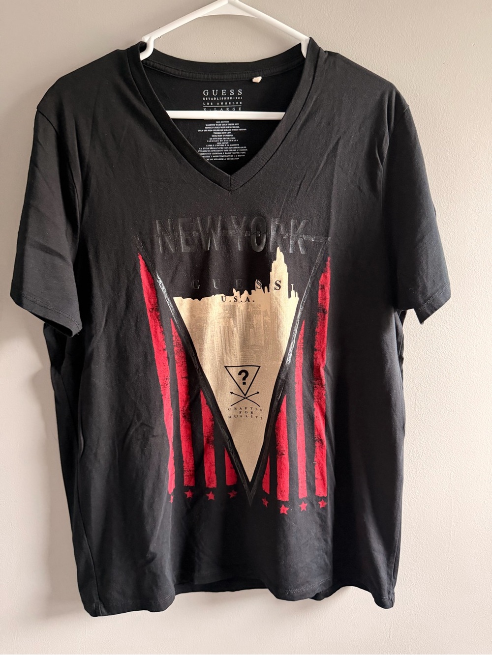 GUESS Black V-Neck Tee with Red Stripes and Gold Graphic